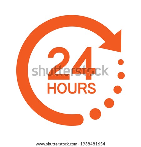 Twenty four hour with arrow loop icon, 24 hours cyclic sign, Opened order execution or delivery, All day business and service, Vector design illustration