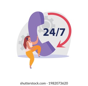 Twenty four hour client support service flat icon with human character and phone vector illustration