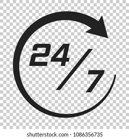 Twenty four hour clock icon in flat style. 24/7 service time illustration on isolated transparent background. Around the clock sign concept.