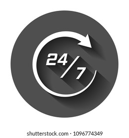 Twenty four hour clock icon in flat style. 24/7 service time illustration with long shadow. Around the clock sign concept.
