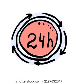 Twenty four hour icon, 24 hours cyclic sign with arrows, opened order execution or delivery, all day business and service