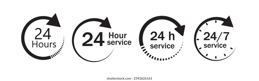 twenty four hour service icon. all day service symbol icon. 24hr fast support, delivery icon. 24 hour discount icon vector.