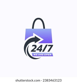 Twenty four hour shop service logo design vector. Shopping anytime symbol template.