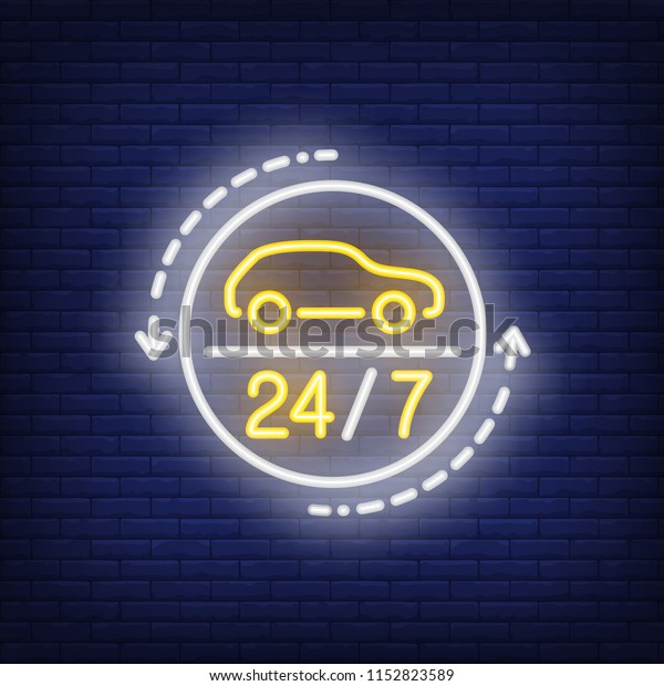 Twenty four\
hours auto repair shop neon sign. Car in white circle and arrows\
around. Night bright advertisement. Vector illustration in neon\
style for auto industry and\
transport