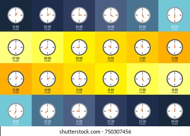 TWENTY FOUR HOURS
clocks shows what time it is on different color background. Every hour is indicate with number. 