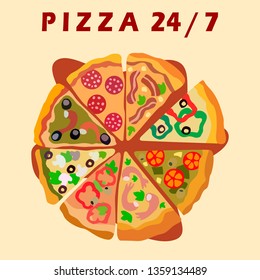 Twenty Four Hours Pizzeria Vector Promo Poster. Assorti Pizza Special Offers for Clients. Around The Clock Takeout Food Restaurant. Slices with Veggies, Meat, Seafood and Mushrooms Composition