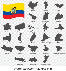 24 Kartenabteilungen in Ecuador - alphabetische Reihenfolge mit Namen. Jede einzelne Landkarte der Provinz ist mit Wörtern und Titeln aufgelistet und isoliert.  Republik Ecuador. EPS10.