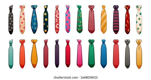 Twenty four neckties of different colors and patterns set isolated illustration. White background, vector.