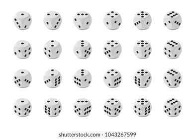 Twenty four realistic isometric game dice with rounded edge and correct numbering isolated on white background, icons set of all possible variants, photo realism vector illustration