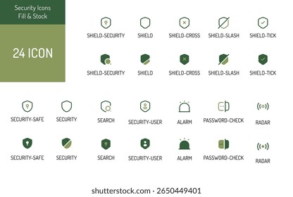 Twenty Four Security Icons Set Olive Green Beige Shield Key Alarm Radar security symbols