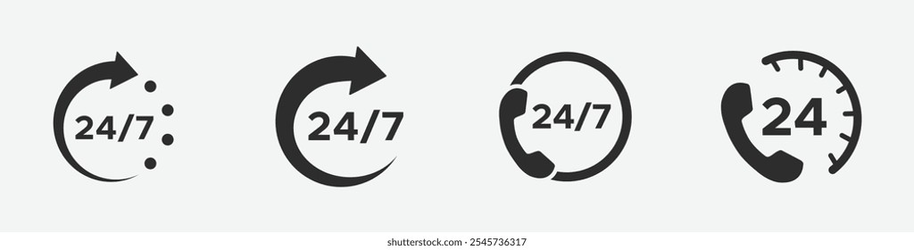 Vinte e quatro sete call centers suportam conjunto de ícones de vetor. Vinte e quatro sete sinais de serviço de entrega. Ícone de disponibilidade do Twenty four seven.