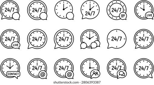 Twenty four seven clock icons for customer service and support