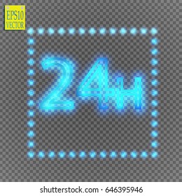 twenty four seven concept / open all days.Illustration of Vector Neon Sign. Open 24 Hours Glowing Neon Frame  on transparent background. 24/7