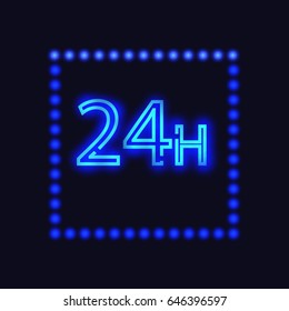 twenty four seven concept / open all days.Illustration of Vector Neon Sign. Open 24 Hours Glowing Neon Frame. 24/7
