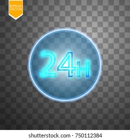 twenty four seven concept open all days.Illustration of Vector Neon Sign. Open 24 Hours Glowing Neon Frame on transparent background. 24 7