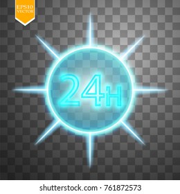 twenty four seven concept open all days.Illustration of Vector Neon Sign. Open 24 Hours Glowing Neon Frame on transparent background. 24 7. Vector