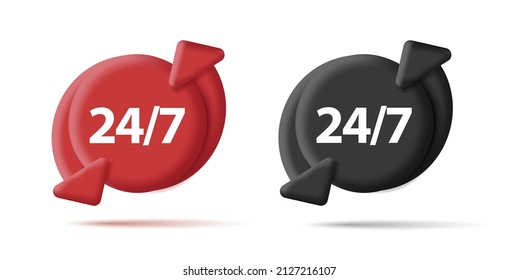 Twenty four seven service or support badge, black and red 3d round shapes with aroows in circle, digital icon