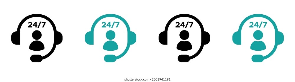 twenty four seven service vector icons. Headphone and people icon with text twenty four seven sign