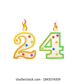 Twenty four years anniversary, 24 number shaped birthday candle with fire isolated on white