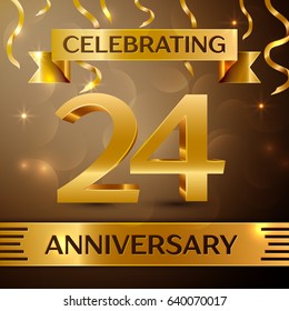 Twenty four Years Anniversary Celebration Design. Confetti and gold ribbon on golden background. Colorful Vector template elements for your birthday party. Anniversary ribbon