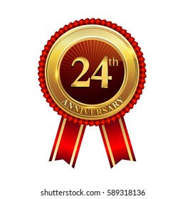 twenty four years birthday celebration logotype. 24th years anniversary golden badge with red ribbons isolated on white background, vector design for greeting card, banner and invitation card.