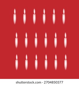 Vinte velas brilhantes se formam em uma grade vermelha, uma marcada com um ponto azul. Um quebra-cabeça visual minimalista enfatizando o reconhecimento de padrões e variação sutil.