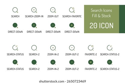 Twenty Green Olive and Beige Search Icons Set Zoom In Zoom Out Favorite Direct Down Status