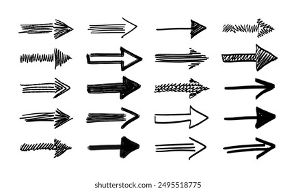 Twenty hand drawn arrows of various shapes, types and textures. Doodles and squiggles. Vector set