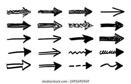 Twenty hand drawn arrows of various shapes, types and textures. Version No. 2. Doodles and squiggles. Vector set