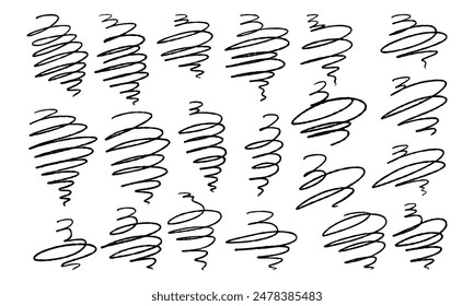 Twenty hand drawn doodle swirls. Original squiggles on white background. Vector set