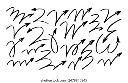 Twenty hand drawn jumping arrows of different shapes and lengths. Doodles and squiggles. Vector set