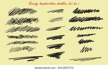 Twenty handwritten doodles. Collection of randomly drawn squiggles for your project. Vector set No. 1