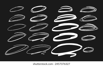 Twenty handwritten squiggles. Various types of white oval strokes on a black background. Vector set