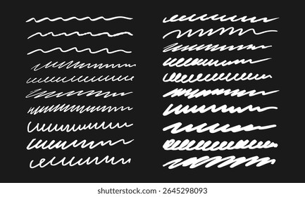 Twenty handwritten wavy lines of different thickness and shape. White on black. Vector set