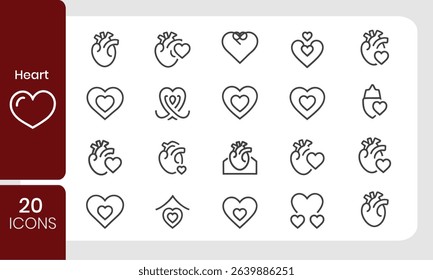 Twenty heart icon set in outline style representing anatomy love and emotions