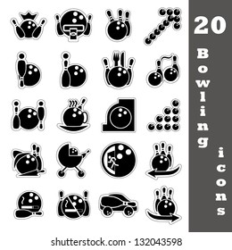The twenty icons on bowling isolated on white. Vector illustration