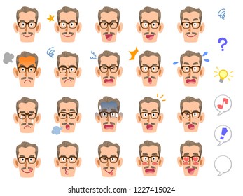 
Twenty kinds of facial expressions of elderly men who wore spectacles and stored their beards