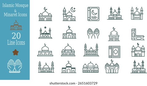 Twenty Line Icons of Mosques Minarets Crescent Moons Stars and Praying Hands in Green