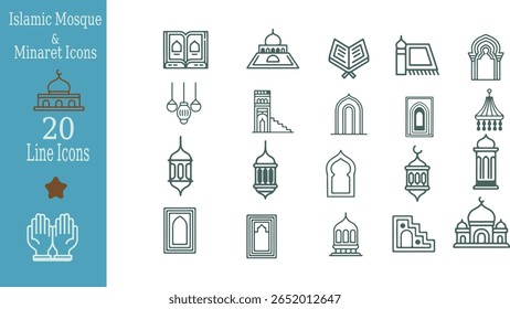 Twenty Line Icons of Mosques Minarets Crescent Moons Stars and Praying Hands in Green