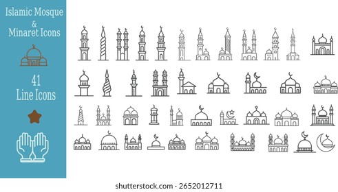 Twenty Line Icons of Mosques Minarets Crescent Moons Stars and Praying Hands in Green
