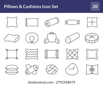 Twenty linear symbols depicting various bedding cushions and neck supports. Buyers can use these graphical assets for ecommerce furniture websites, bedding product catalogs, or interior decoration mobile applications to visually represent sleep and comfort accessories.
