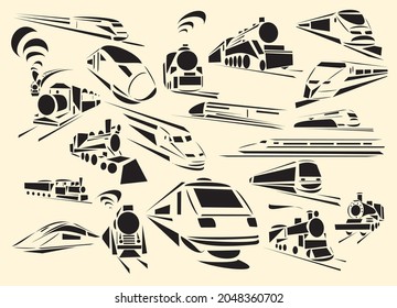 Twenty line-art vector illustrations of trains