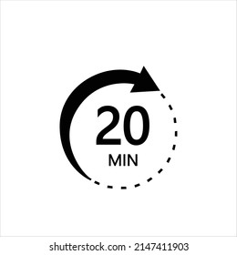 Twenty minutes icon. Symbol for product labels. Different uses such as cooking time, cosmetic or chemical application time, waiting time.