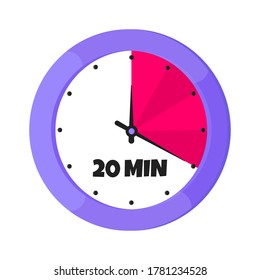 Twenty minutes on analog clock face flat style design vector illustration icon sign isolated on white background. Analogue wall clock 20 minutes time management business concept.