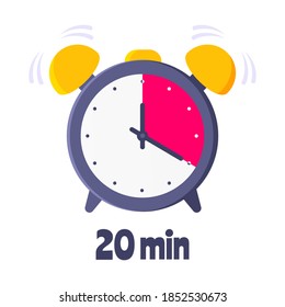 Twenty minutes on analog clock face flat style design vector illustration icon sign isolated on white background. Analogue wall clock 20 minutes time management business concept.
