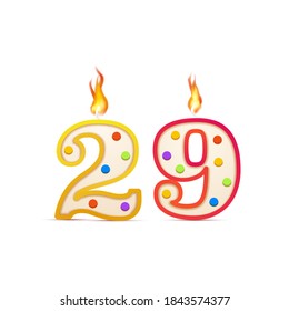 Twenty nine years anniversary, 29 number shaped birthday candle with fire isolated on white