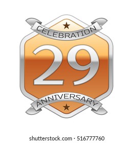 Twenty nine years anniversary celebration silver logo with silver ribbon and golden hexagonal ornament on white background.
