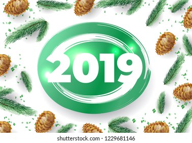 Twenty Nineteen festive card design with fir tree cones and branches and green confetti. Vector illustration can be used for banners, flyers, posters, greeting cards