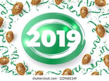 Twenty Nineteen festive card design with fir cones, green streamer and confetti. Vector illustration can be used for banners, flyers, posters, greeting cards