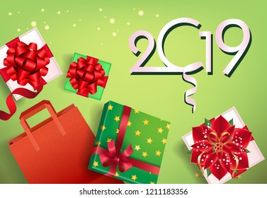 Twenty Nineteen festive flyer design. Shopping bag and gift boxes with bows and Christmas flower on green background. Template can be used for banners, posters, sale promotion